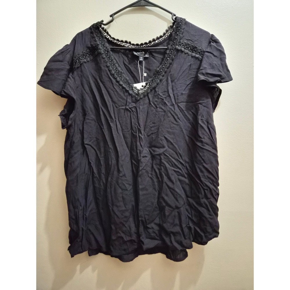 Perch by Blu Pepper Womens Black Scallop Lace Ruffle Sleeve V-Neck Top Plus 1X